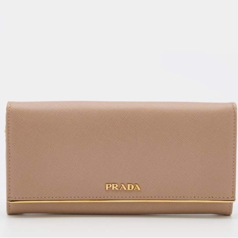 Prada Lux Saffiano small gold bar crossbody in nude - Authenticity included